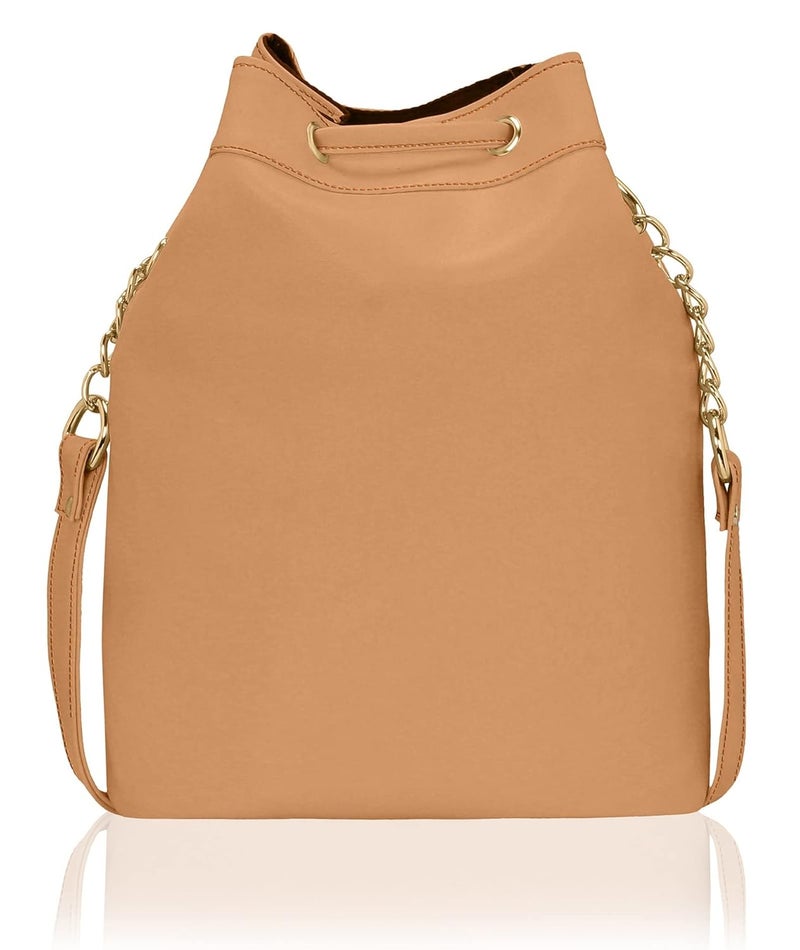 KLEIO Stylish Solid Color Bucket Sling Bag for Women - Tan Faux Leather - Image 3